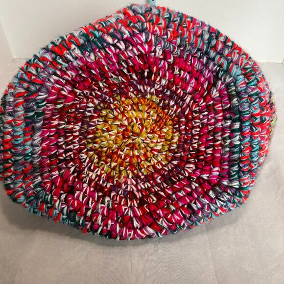 Hand Crochet Multicolor Double Handle Scrap Yarn Storage Basket 12"x13" - Picture 5 of 6